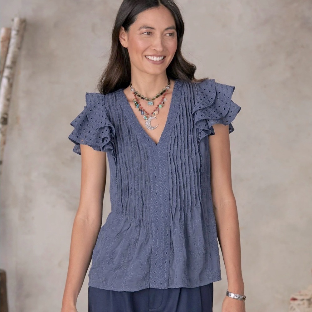 NWT! Sundance Lille Flutter Button Blouse in Dusty Blue XS